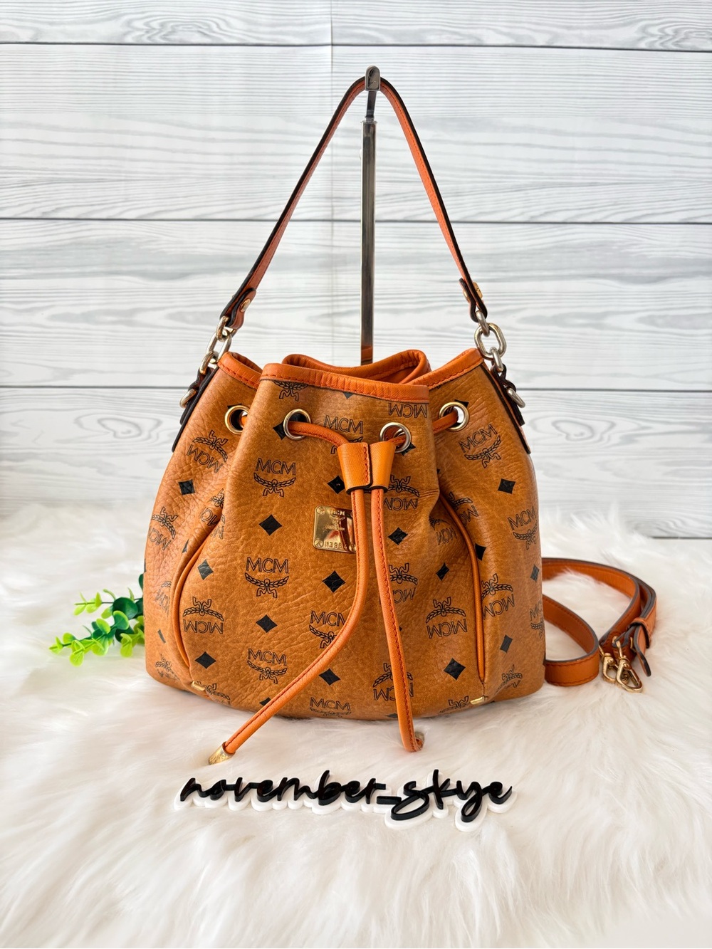 MCM Visetos Monogram Drawstring 2 Way Bucket Bag Orange Leather Trim
